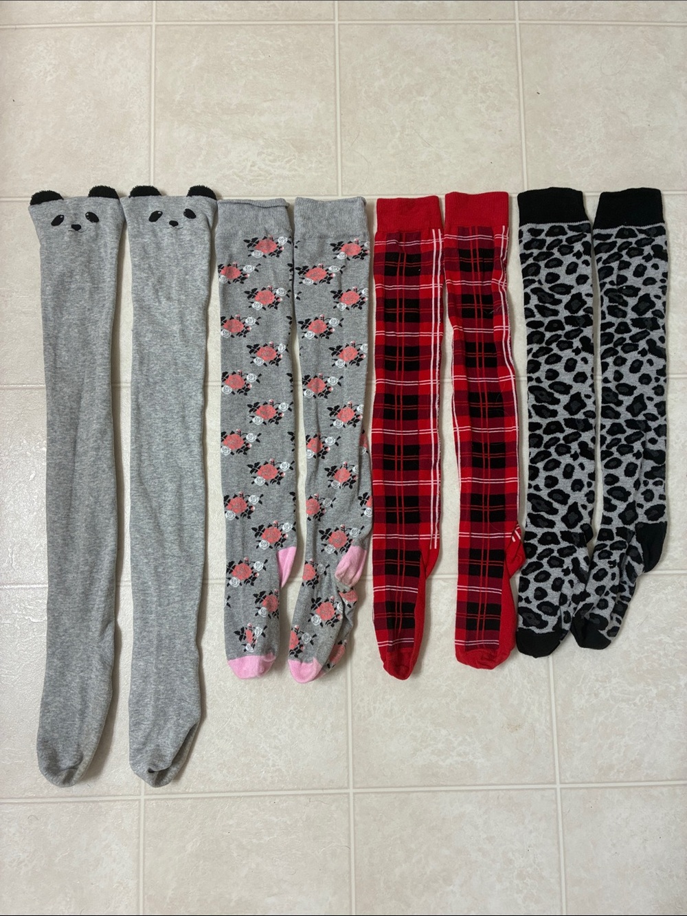 🌷3 for $25🌷Unbranded, US OS, 4 Pairs Of Over The Knee Plaid Floral Animal Socks